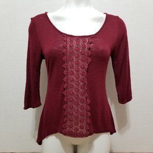 Deb top Large crochet lace inset hi low boho slub 3/4 sleeve cottagecore